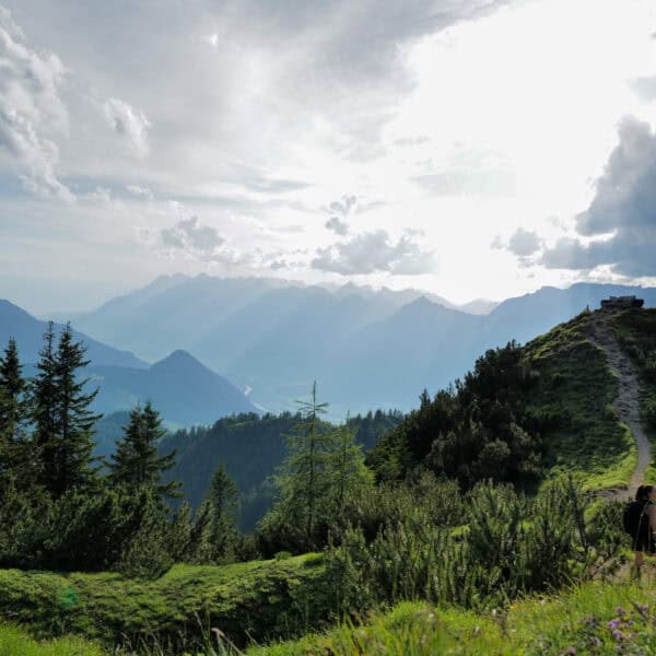 Glückliche Kinder beim Entdecken von Bergblumen und kleinen Wasserfällen im Alpbachtal.